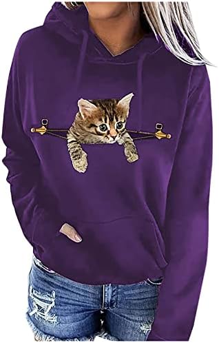 Camisa com capuz de estampa de gato 3D para mulheres fofas fof -out kitty espionando gato gráfico tee retrô casual moletom de bolso de bolso