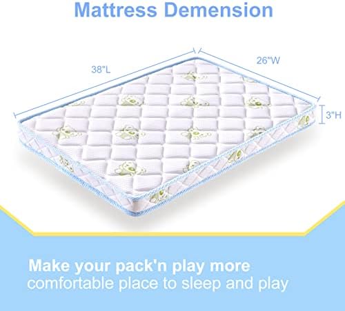 Vibe Bear Pack and Play Mattress Topper 38 x 26 x 3 , Breathable e macacão macio e colchões de colchões, colchões de pinças de bebê