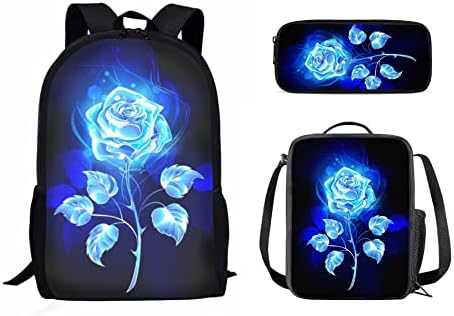 Cozeyat 3pcs/Set School Schan for Girls Daypack, Bling Blue Rose Design Softy Satchel com lanchonete Insluation, caixa de lápis de lona, ​​mochila de ombro com tiras ajustáveis