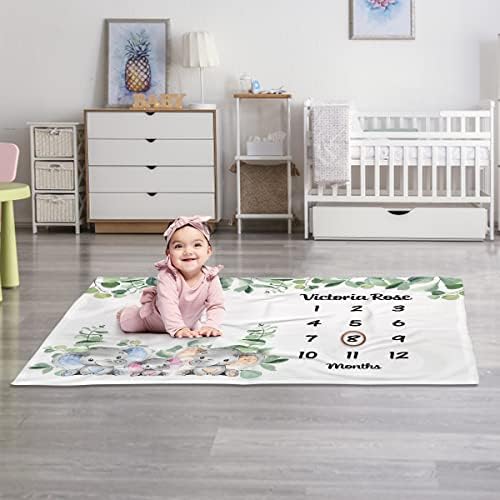 Cobertor de marco de marco personalizado para meninos meninos folhas verdes florais fofos elefantes de família de bebê gráfico de idade mensal foto propenso de imóveis personalizados