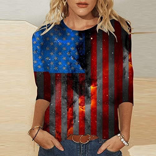 4 de julho Camisas para Women USA Flag Summer 3/4 Sleeve Camise