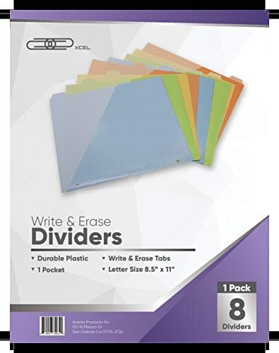 Xcel Binder Divishers 8 guias, escreva e apagarem com bolso único, variado, 1 conjunto