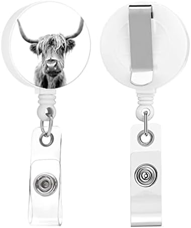TPOAEL 2 Pacote Highland Cow Cattle Ox cinza branco Reel de crachá retrátil com clipe para titulares de cartões de identificação, Decorativo e fofo portador de crachá com nome, para professores homens Mulheres estudantes