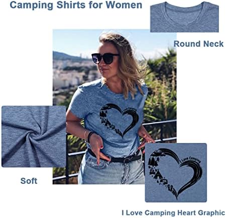 Mulheres eu amo camisa de camping fofa acampamento coração gráfico de verão Vação ao ar livre Casual atlético Manga curta