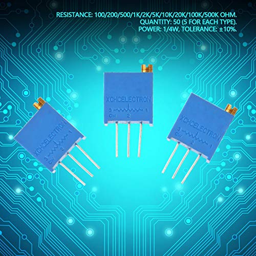 Lantro JS 50pcs Resistor de aparador, 100/200/500/1k/2k/5k/10k/20k/100k/500k ohm resistor ajustável com caixa de armazenamento