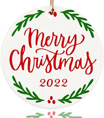 Feliz Natal 2022 Ornamento de Natal Férias de lembrança Presentes de Natal Cerâmica Decoração de árvores Ornamento com corda de ouro