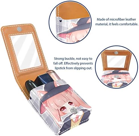 Mini maquiagem de Oryuekan com espelho, bolsa de embreagem Leatherette Lipstick Case, desenho animado de garotas Happy