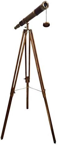 Antigo Tripé de madeira de alta ampliação de marinheiro Artigo vintage Tabela decorativa Telescópio de tubo de latão brilhante