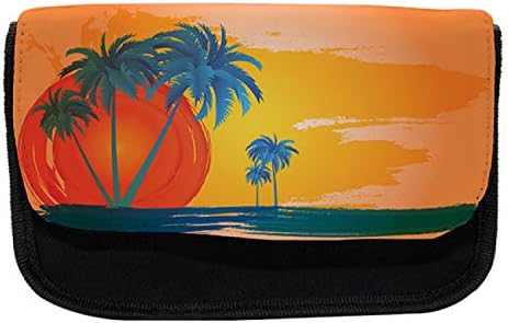 Caixa de lápis tropical lunarável, pintura dramática do pôr -do -sol, bolsa de lápis de caneta com zíper duplo, 8,5 x 5,5, vermelhão azul marinho marinho escuro escuro laranja