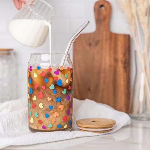 Cuidado com produtos Alteração de cor 16 oz de refrigerante com tampa de bambu e palha de vidro | Xícara de café gelado | Lata de vidro em forma com design de coração em mudança de cor