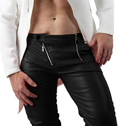 Calças de couro falso masculinas punk 80 rock skinny leggings bolsos irregulares com zíper irregular de motocicleta gótica