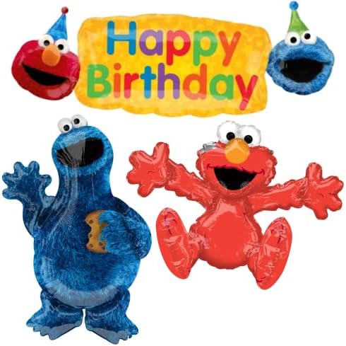 Balões de festa de aniversário da Vila Sésamo - Conjunto de 3 decorações de balão com Cookie Monster e Elmo para um tema especial