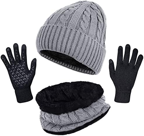 Luvas de cachecol de gorro de inverno Conjunto de cachecol, 3 peças de malha quente grossa Capinho de calça luvas de tela