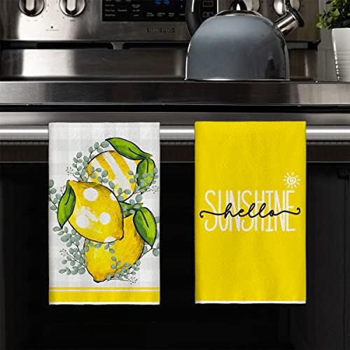 Modo Artóide Buffalo Plaid Lemons Eucalyptus folhas Hello Sunshine Summer Toalhas de cozinha de cozinha de prato,