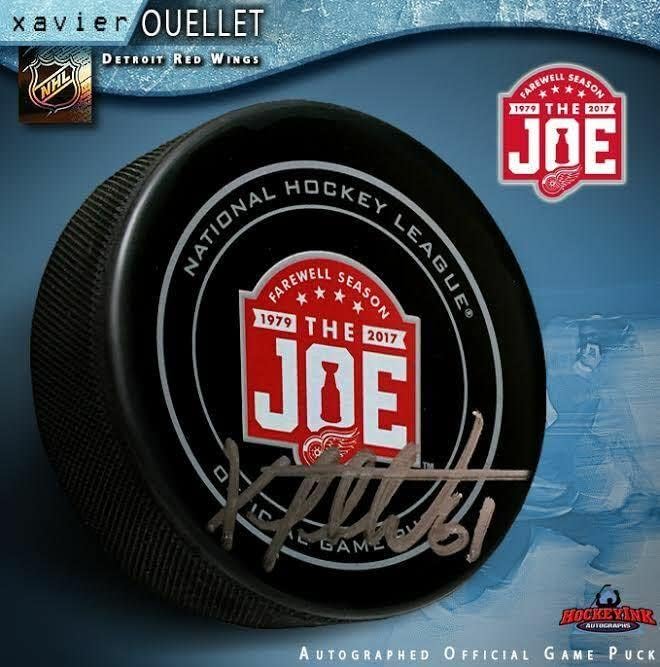 Xavier Ouellet assinou Detroit Red Wings Adeus ao Joe Official Game Puck - Autografado NHL Pucks