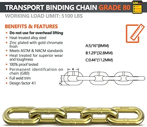 G80 Cadeia de aglutinante de transporte com ganchos Clevis Grab - 5/16 em 20 pés 5100 lbs WLL - Cadeia de aglutinante/segurança adequada