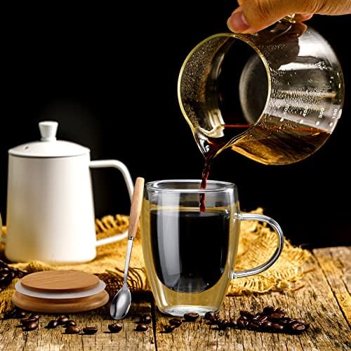6 Defina canecas de café de vidro com colheres de tampa de bambu, 12 oz de canecas de café com isolamento duplo para bebidas quentes, copos de chá de vidro transparente Drinkware para café expresso, cappuccino, café com leite