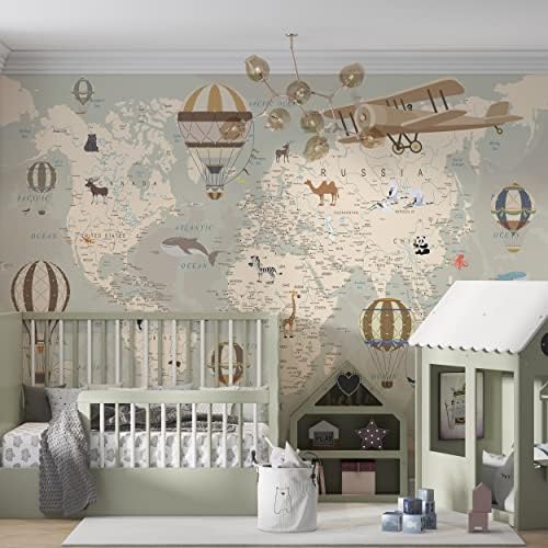 Papel de parede para crianças quartos mapa mundial com animais removíveis de casca e murais de parede para meninas meninos garotos papel de parede para crianças quarto quarto de estar de estar autônomo de parede de parede mural de auto adesivo 94,5х74 em