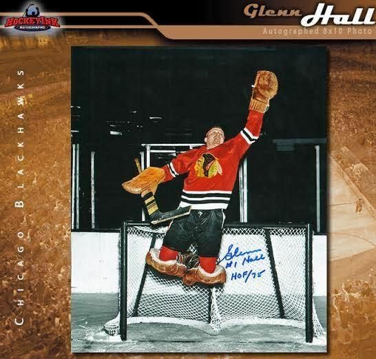 Glenn Hall assinou Chicago Blackhawks 8x10 Foto w/HOF inscrição - 70366 - fotos autografadas da NHL