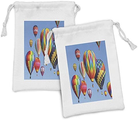 Conjunto de bolsas de tecido de balão de Ambesonne de 2, balões de ar coloridos no turismo com tema da aviação da Sky Air Travel, pequenas bolsas de cordão para máscaras e favores de produtos de higiene pessoal, 9 x 6, multicolor