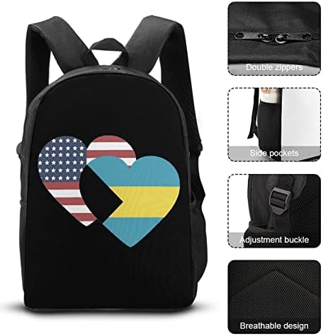 Bahamas EUA Flag Heart School Backpack Conjuntos para estudante fofo estampado estampado conjunto com lancheira isolada