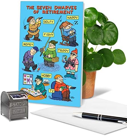 Nobleworks, sete anões de aposentadoria - Cartão de aposentadoria engraçado com envelope - desenho animado cartoon notecard