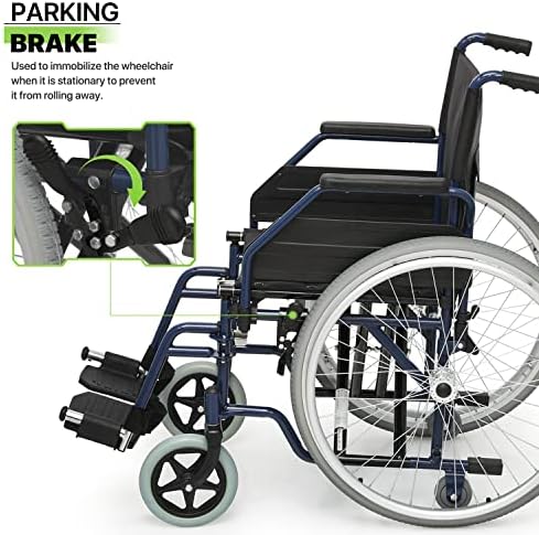Cadeira de rodas Magshion 17 para adultos com descanso de pé balançante, alfândegas traseiras e 23,5 Grãos grandes em todo o terreno para transporte de rodas azuis para transporte, fácil de armazenar, 300 libras