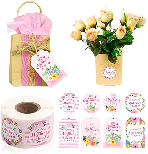 600pcs Feliz dia das mães Tags e adesivos, 4 estilos Floral pendurados com cordas 500pcs 1,5 ”Etiquetas adesivas para
