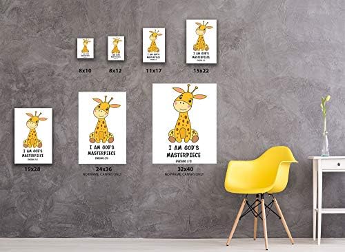 Eu sou a obra -prima da obra de Deus Giraffe Art pronta para pendurar o quarto de bebê tena das escrituras Art Animals Ilustração Versículos da Bíblia para Crianças Arte da sala de viveiro 24 x 36 sem quadro