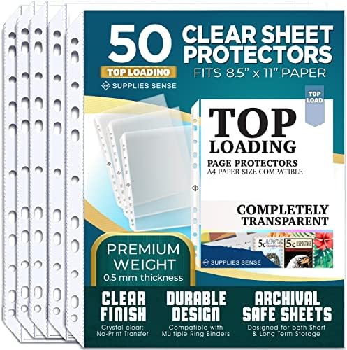 Protetores de chapas para fichário de 3 anel - 50 protetores de página de plástico transparente premium para fichário de 3 anel - mangas 8,5 x 11 para papel e documentos