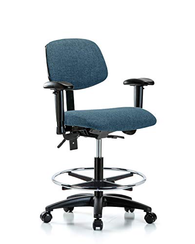 Labtech Seating Lt42499 Cadeira de bancada média, tecido, base de nylon - inclinação, braços, anel de pé cromado, rodízios, azul