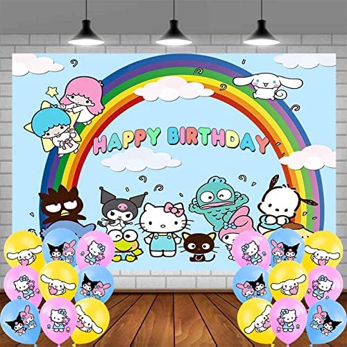 Decoração do cenário de aniversário de San-Rio, hello kittty, canela roll, sapo de olhos grandes, pequenas estrelas gêmeas, kurommi tema party photo background e 18pcs canela roll balloons suprimentos de festa