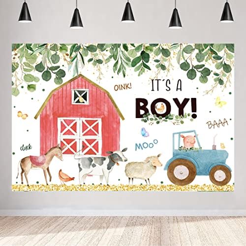 Aperturee Farm Animals Chá de bebê Cenário de 6x4ft É um garoto Red Barn Greenery Green Leaves Kids Prince Photograph