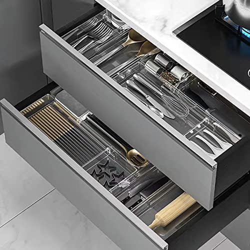ABOC Clear Plastic Kitchen Drawer Organizer com dois compartimentos ajustáveis, organizador de talheres para talheres, talheres