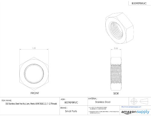 316 porca hexágica de aço inoxidável, acabamento simples, ASME B18.2.2, 1 -14 Tamanho da linha, 1-1/2 Largura entre apartamentos, 35/64