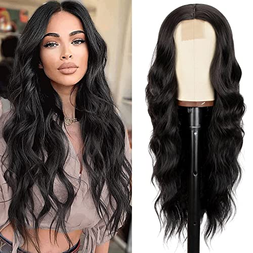 Imagism Long Black Wavy peruca para mulheres WAG Curly Wavy Parte média de 26 polegadas de aparência natural resistente ao calor