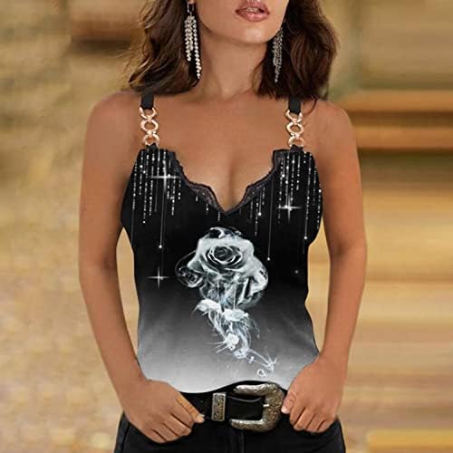 Tampas de tanque sexy para acabamento em renda feminina, verão sem mangas V treino de pescoço Tops Slim Fit Graphic Print Tees Bloups