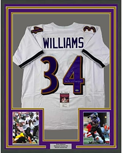 Ricky Williams 33x42 de fumaça de fumaça todos os dias inscrições com a camisa de futebol Baltimore White JSA COA