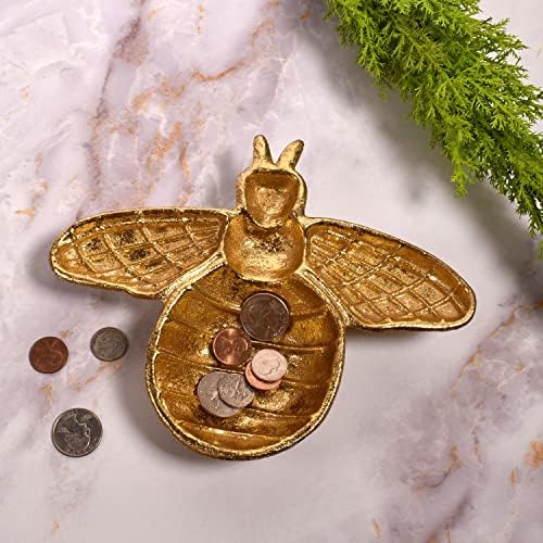 Prato de ferro fundido em forma de abelha decorativa com acabamento de ouro metálico