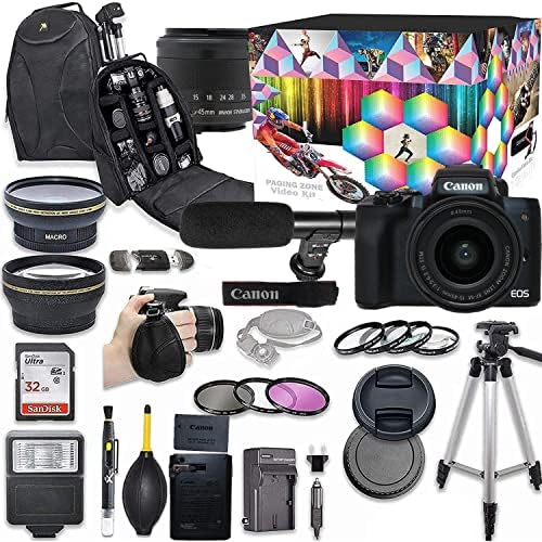 EOS M50 Mark II Câmera digital sem espelho com kit de lente de 15 a 45 mm + lente de ampla lente + 2x Lente telefoto + flash + Sandisk 32 GB Card de memória SD + pacote de acessórios de vídeo
