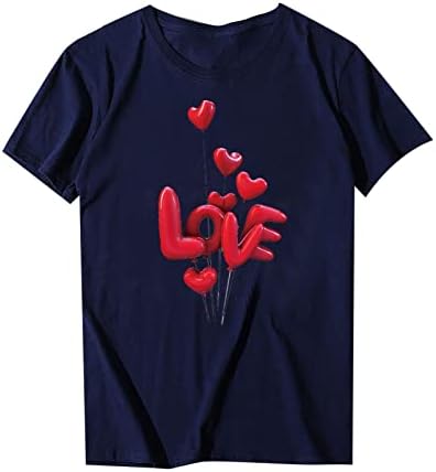 T-shirt do Dia dos Namorados para Mulheres Red Love Heart Prinha Camisas de Manga Curta Tops Tops de verão Casual Crewneck Bloups