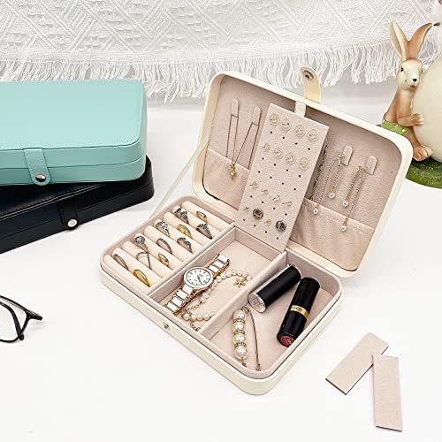 Caixa organizadora de jóias de pequenas viagens para anéis, brincos, colares, pulseiras e pulseiras - Pu Leather Storage Storage Display