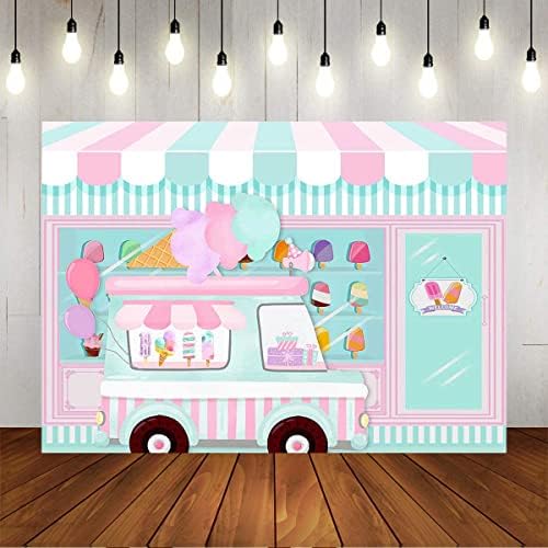 Mocsicka Ice Cream Parlor Shop Summer Summer Summer Truck Birthday Party Background Background Vinyl Crianças Crianças Sorvete de aniversário Decorações de mesa de mesa