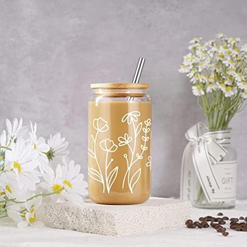 Coolife Floral Iced Coffee Cup - 16 onças pode beber xícara de vidro com palha de tampa de bambu - lata de vidro de flor, copo de