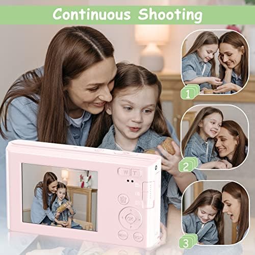 Câmera digital do Uikicon, câmera infantil 4K 44MP com cartão SD de 32 GB e 2 baterias recarregáveis, mini -ponto pequeno e câmeras digitais compactas para iniciantes, crianças e adolescentes - rosa