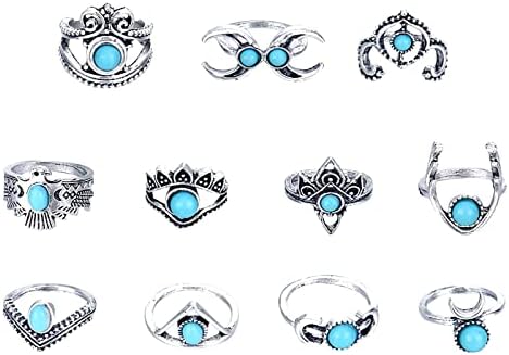 Pomobie Ring Retro Personalidade Exagerada Coruja Turquesa de 11 peças Conjunto de resina Ring-438