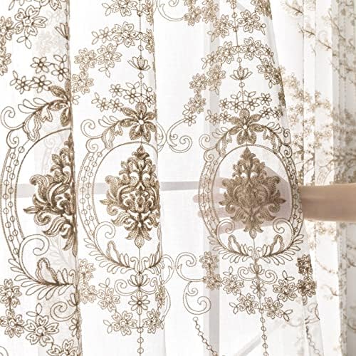 Cortinas do quarto daesar 2 conjuntos de painéis, cortinas de ilhós de voz pura bordados bege bordados de flores vintage