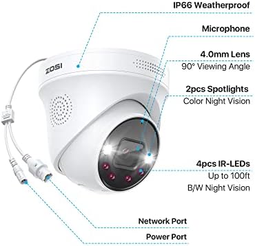 Zosi ZG228A 4K Poe IP Camera e 100 pés CAT5E Ethernet Câmera de segurança da cúpula à prova de clima com visita noturna, só trabalho