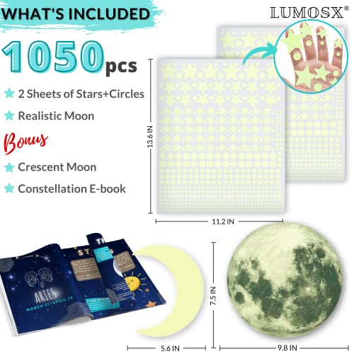 Lumosx brilho nas estrelas escuras - 1050pcs com e -book de constelação de bônus e luas para decoração de teto | Brilho nos adesivos