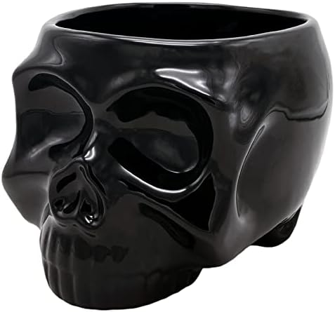 TMD Retail 3D Molded Skeleton Head Skull Ceramic Bowl, Electro preto com alto brilho, 100 oz, gótico, decoração, divertidos acessórios